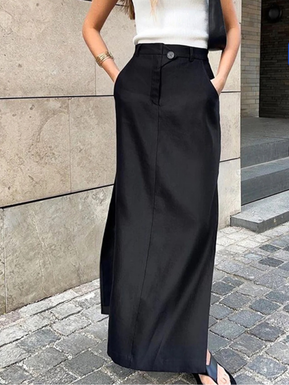 High-Waist Black Maxi Skirt with Side Slit